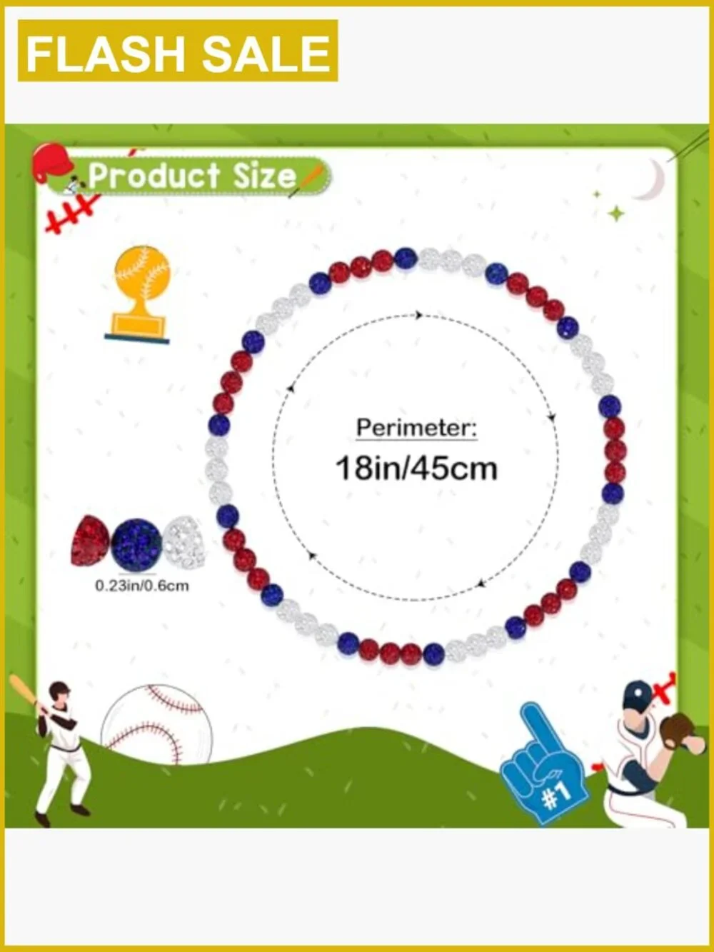18 Inch Stretch Elastic Baseball Necklace for Boys, Sparkly Rhinestone-Style